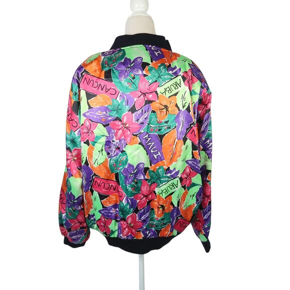 Vintage 80s/90s Stefano Tropical Floral Island Print Satin Bomber Jacket M - Picture 4 of 6